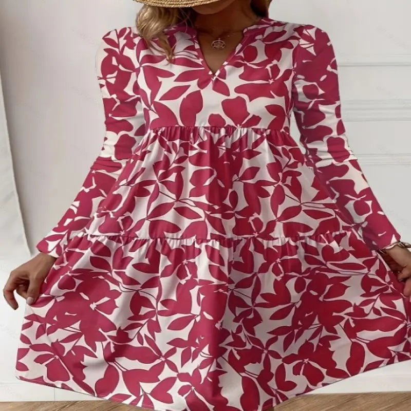 LD 2024 Dames Zomer Elegante V-Hals Geplooide Lijn Soondress Boho Print Mini Dress Casual Los Oversize Strand Soondress