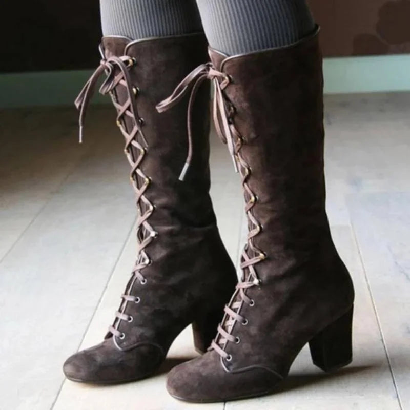 LD | Elegante kniehoge veterlaarzen met blokhak