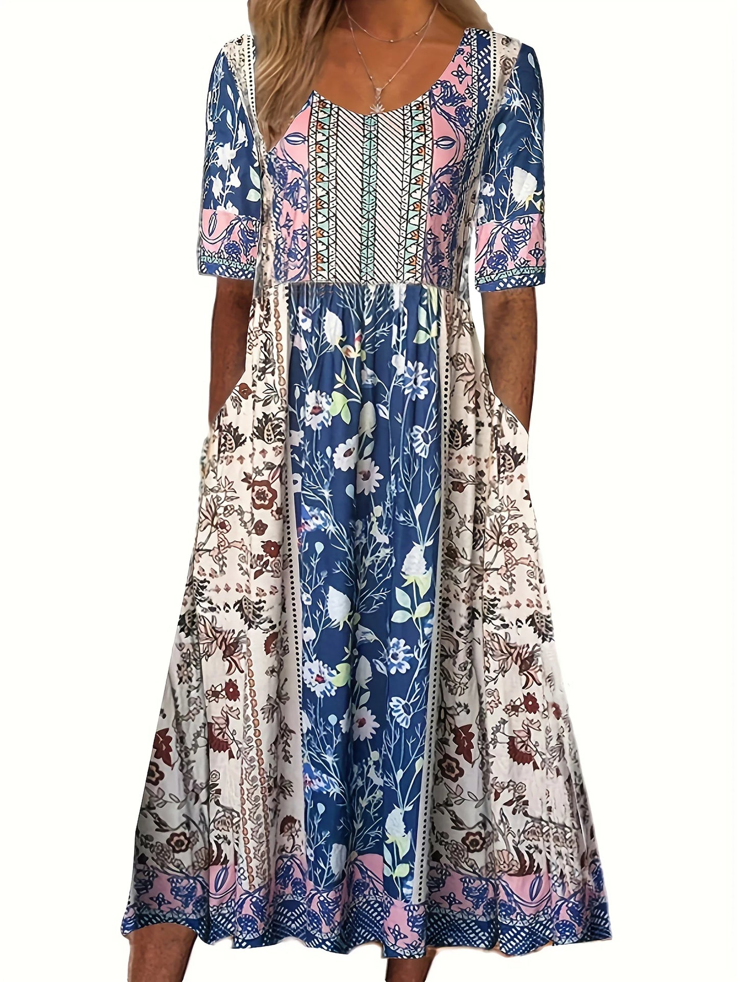 LD | 2025 zomer nieuwe vrouwen bohemia losse mode print ronde hals korte mouw lange jurk