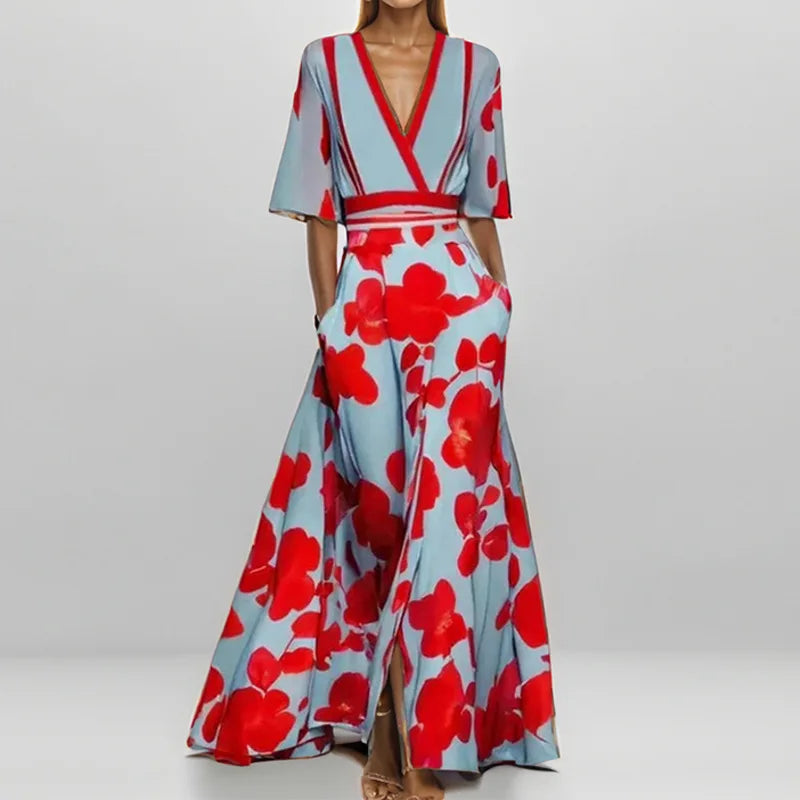 LD | Lente Zomer Vrouwen Mode V Hals Riem Feest Lange Jurk Sexy Boho Maxi Jurken Korte Mouw Zak Femlae Vakantie