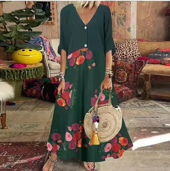 LD 2025 Spring Oversize Women's Long Dress Print V-Hals Korte Mouwen Button Loose A-Line Dresses Female Casual Elegant Dameskleding