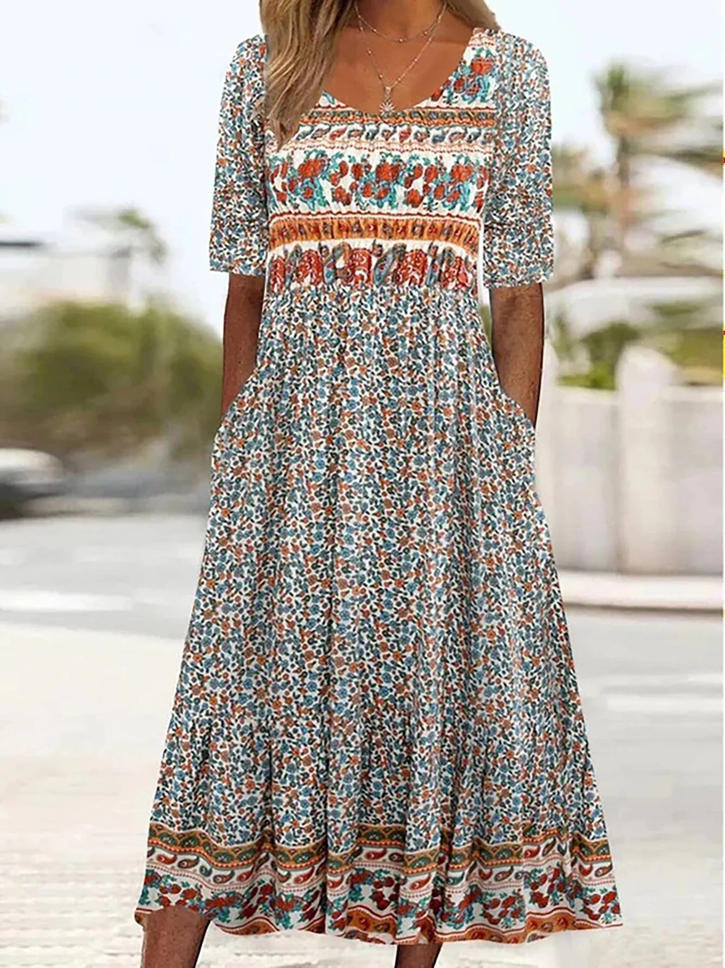 LD | 2025 zomer nieuwe vrouwen bohemia losse mode print ronde hals korte mouw lange jurk