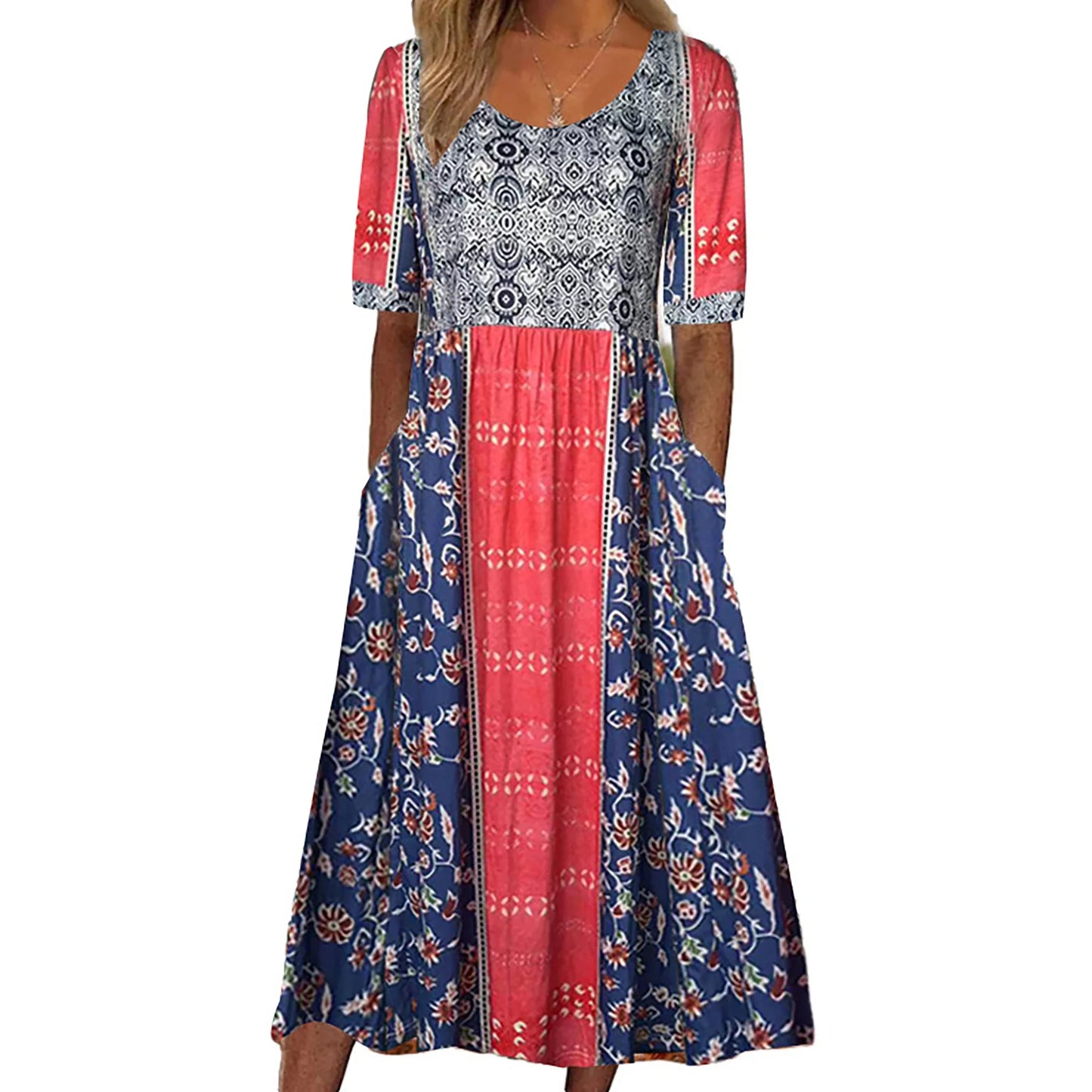 LD | 2025 zomer nieuwe vrouwen bohemia losse mode print ronde hals korte mouw lange jurk