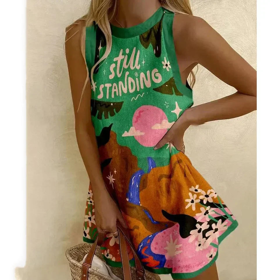 LD Vrouwen Puzzelprint Zomerjurk Mouwloos Over de Knie Mini-jurk Casual Tank Top Strandjurk voor Vrouwen