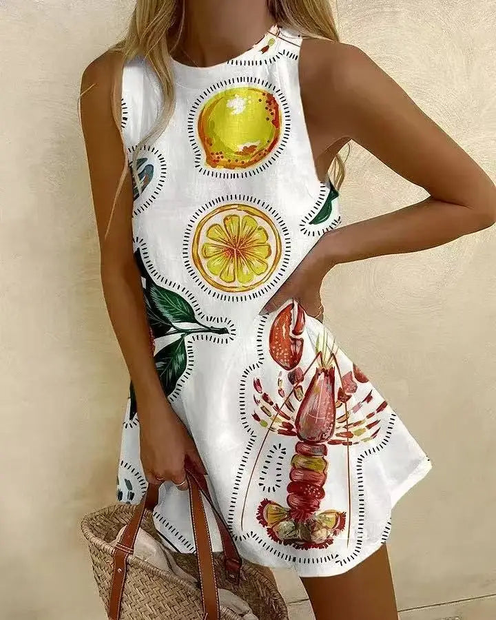 LD Vrouwen Puzzelprint Zomerjurk Mouwloos Over de Knie Mini-jurk Casual Tank Top Strandjurk voor Vrouwen