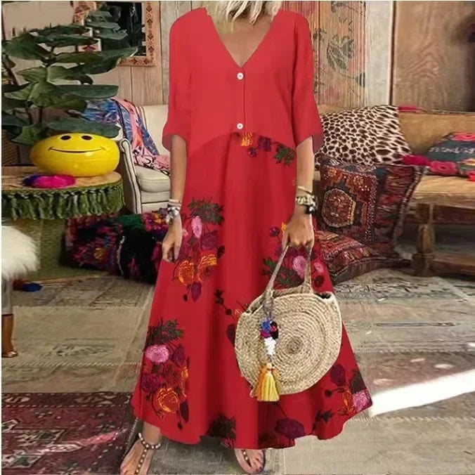 LD 2025 Spring Oversize Women's Long Dress Print V-Hals Korte Mouwen Button Loose A-Line Dresses Female Casual Elegant Dameskleding
