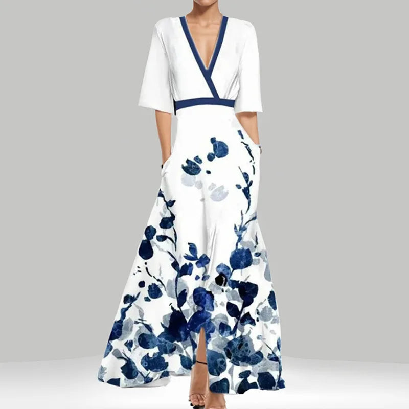 LD | Lente Zomer Vrouwen Mode V Hals Riem Feest Lange Jurk Sexy Boho Maxi Jurken Korte Mouw Zak Femlae Vakantie