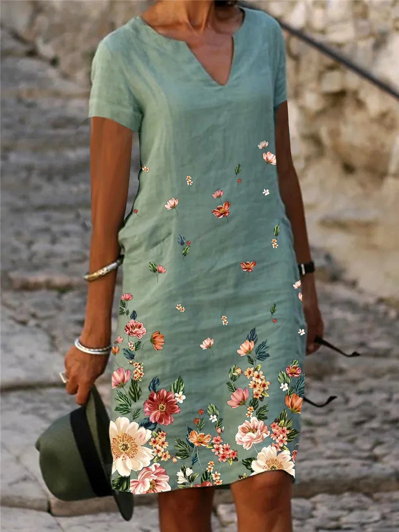 LD 2024 Zomer Elegante Vrouwen Jurk Oversized Gedrukt V-Hals Jurken Vrouw Lente Trendy Strand Mode Casual Losse Kleding Dames