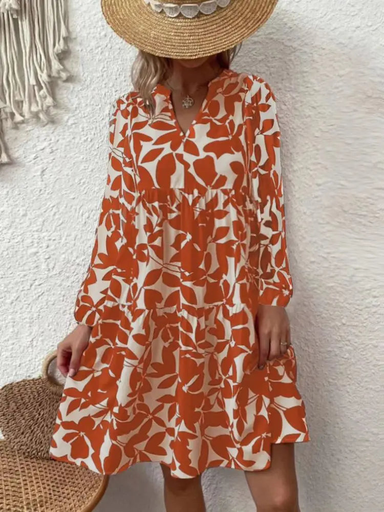 LD 2024 Dames Zomer Elegante V-Hals Geplooide Lijn Soondress Boho Print Mini Dress Casual Los Oversize Strand Soondress