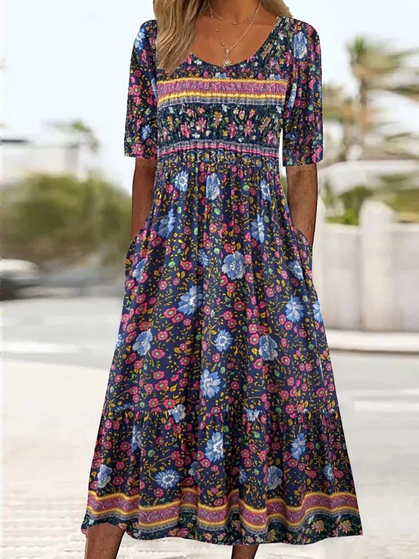 LD | 2025 zomer nieuwe vrouwen bohemia losse mode print ronde hals korte mouw lange jurk