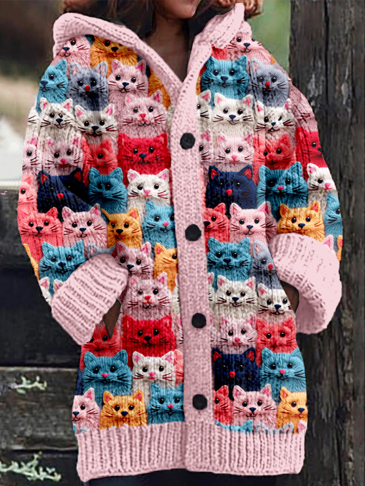 LD | Gebreide jas met knoopsluiting en speelse kattenprint