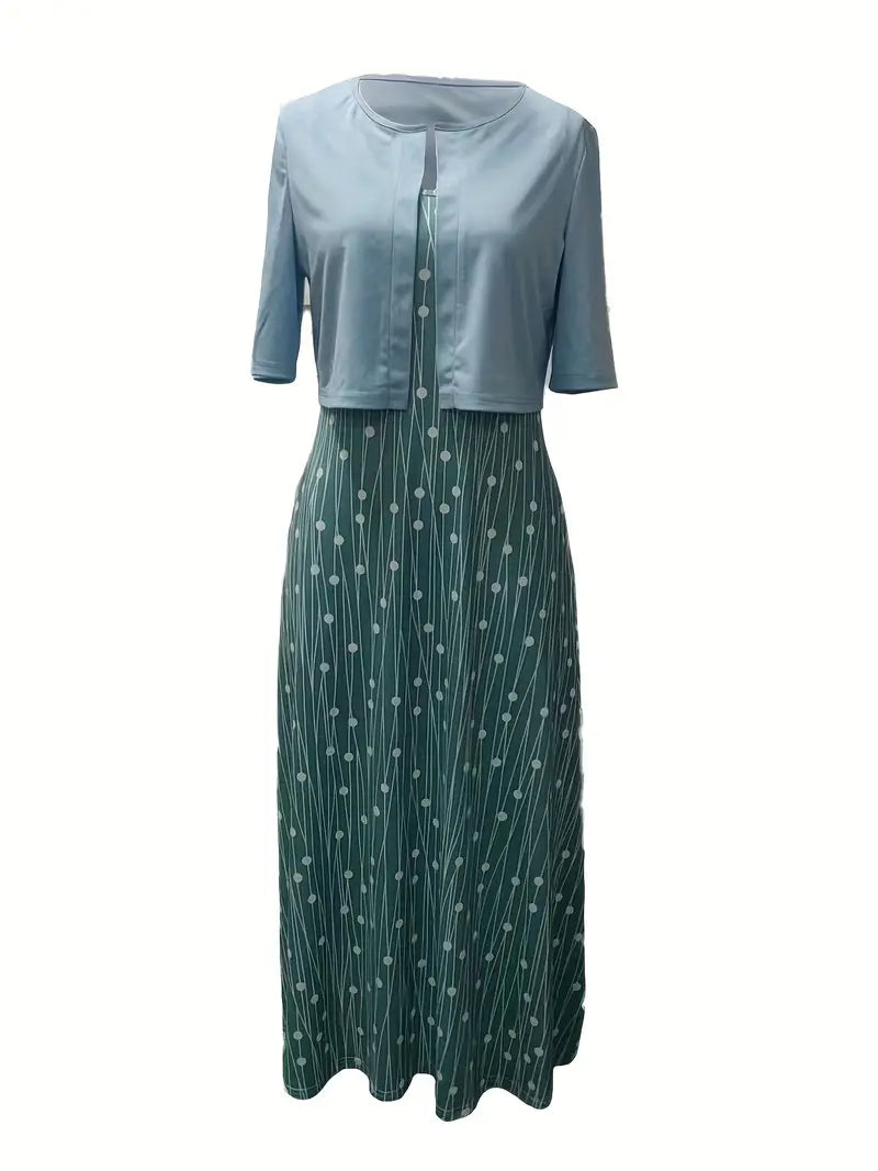 LD | elegante tweedelige bloemenjurkenset met monochrome crop top en jurk met ronde halslijn