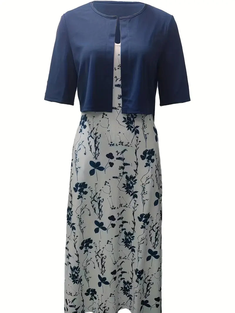 LD | elegante tweedelige bloemenjurkenset met monochrome crop top en jurk met ronde halslijn