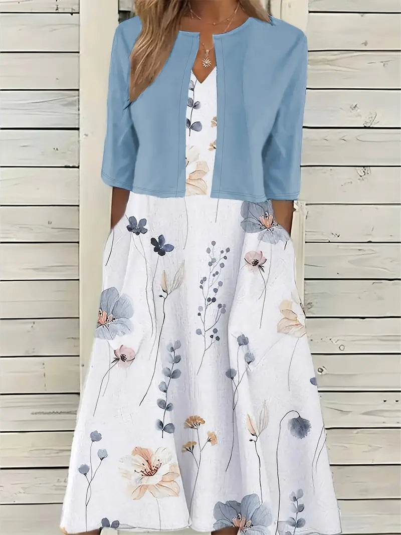 LD | elegante tweedelige bloemenjurkenset met monochrome crop top en jurk met ronde halslijn