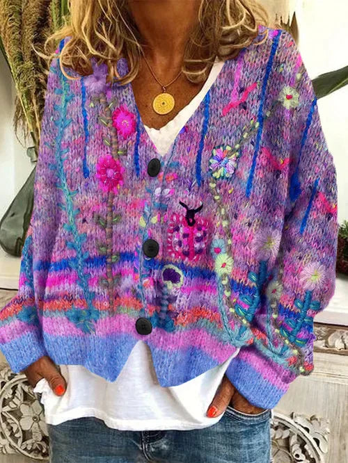 Gebreid vest met bloemen en knoopsluiting
