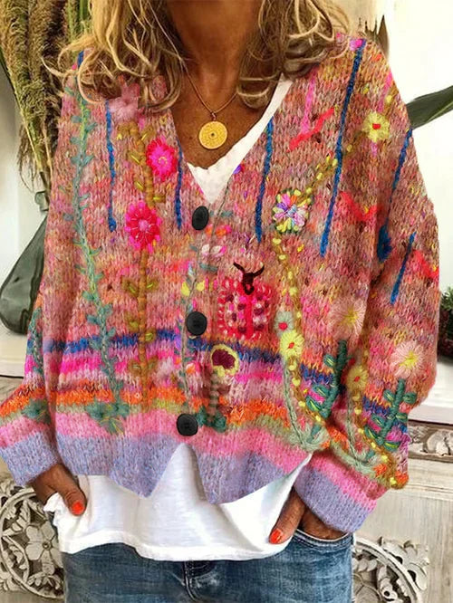 Gebreid vest met bloemen en knoopsluiting