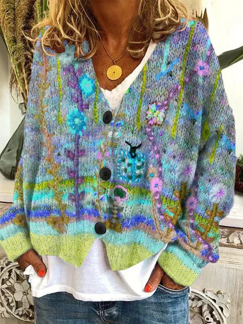 Gebreid vest met bloemen en knoopsluiting