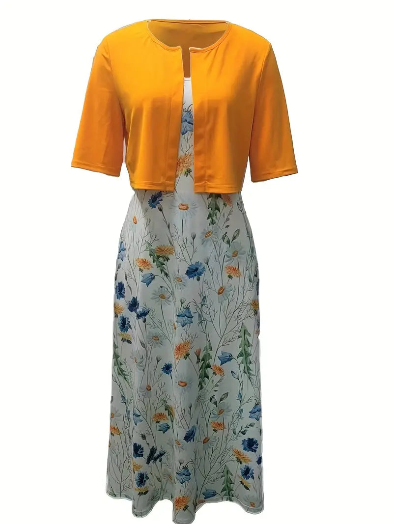 LD | elegante tweedelige bloemenjurkenset met monochrome crop top en jurk met ronde halslijn