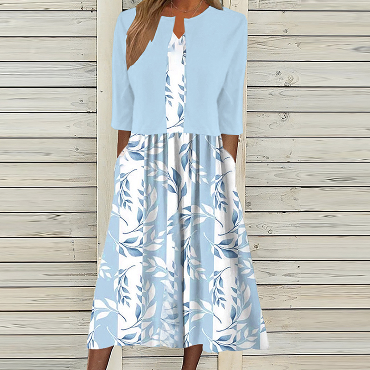 LD Unieke blauwe midi-jurk met plantenprint en jasje