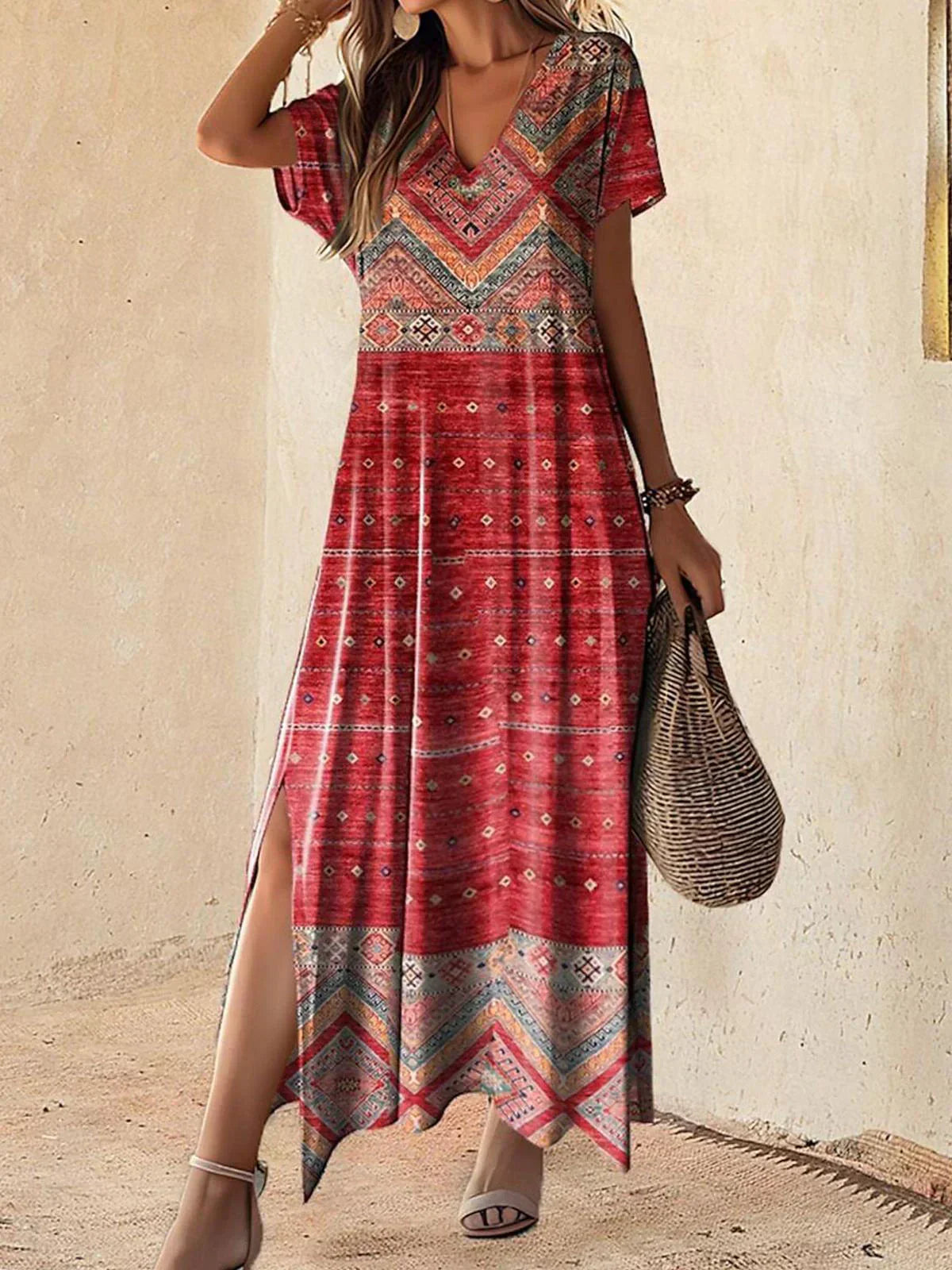LD | Vintage Folk Geometrische aangepaste korte mouwen maxi jurk met V-hals
