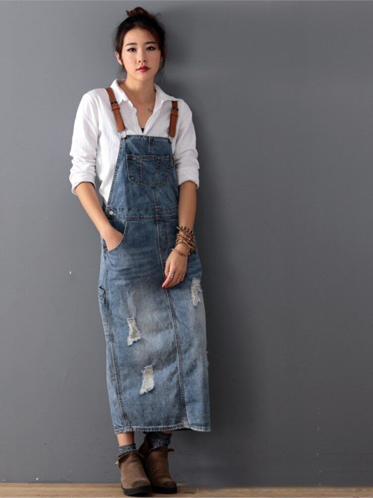 LD | Gescheurde denim jumpsuit jurk