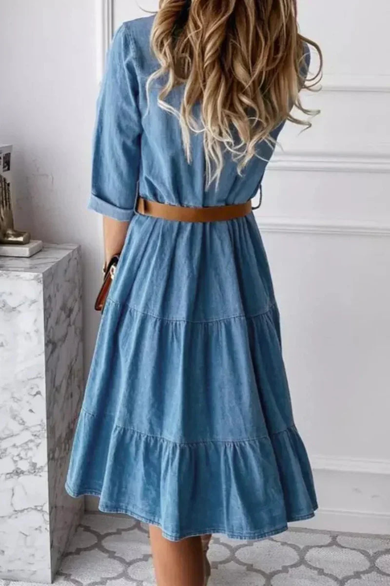 LD Denim midi-jurk met ruches en knoopsluiting