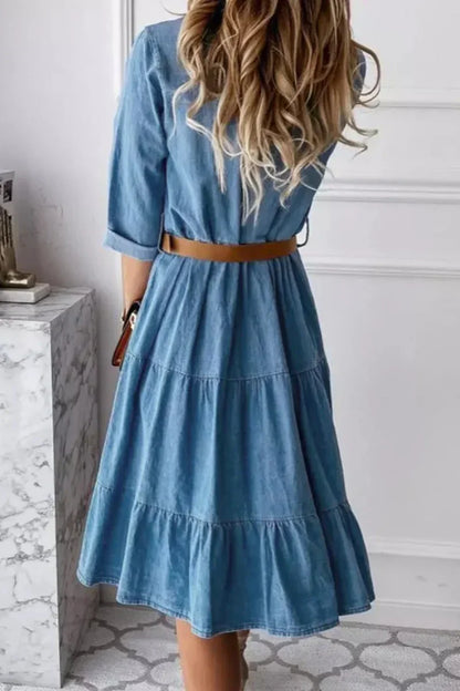 LD Denim midi-jurk met ruches en knoopsluiting