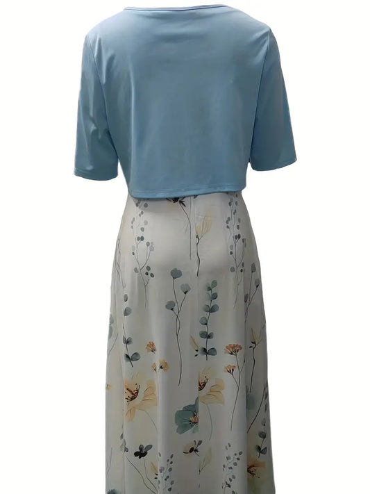 LD | elegante tweedelige bloemenjurkenset met monochrome crop top en jurk met ronde halslijn