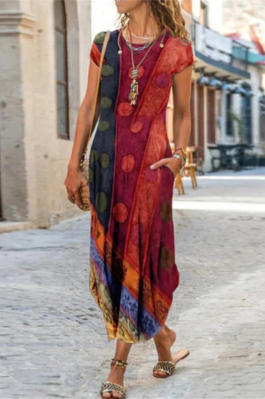 LD | Casual Street Print Patchwork O Neck Korte Mouw Jurken (10 Kleuren)