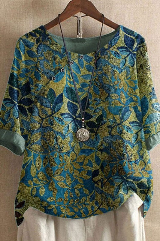 LD | Blouse met halflange mouwen en ronde hals met bladmotief