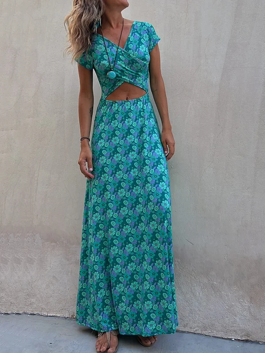 LD | Stretchy maxi-jurk met korte mouwen, holle bloemenprint, omkeerbaar, U-halslijn