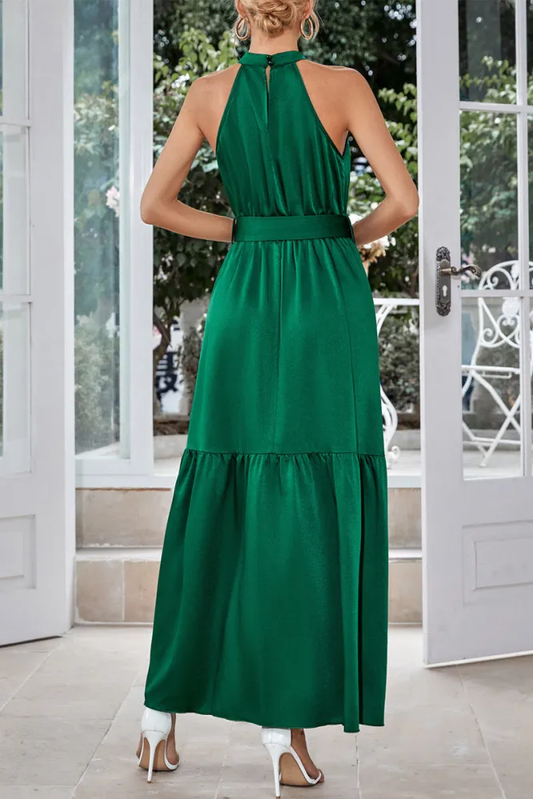LD | Micaela - Elegante, enkelkleurige maxi-jurk met halternek en vetersluiting