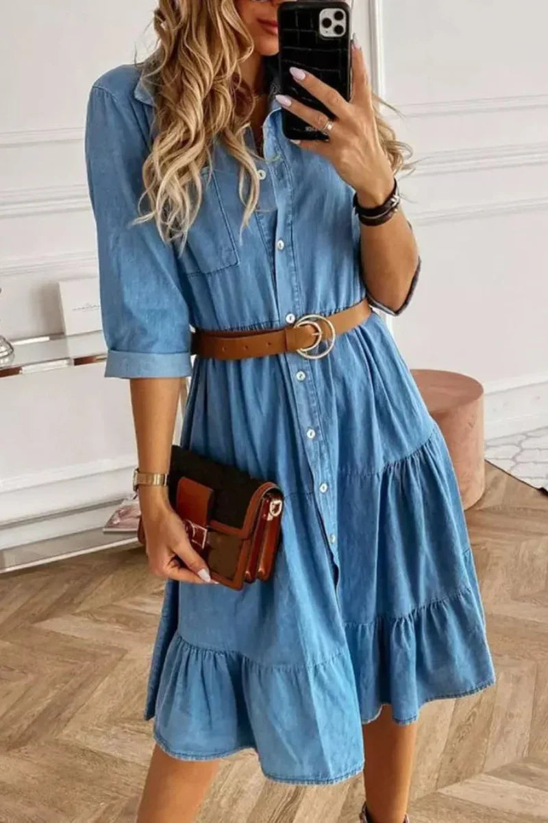 LD Denim midi-jurk met ruches en knoopsluiting