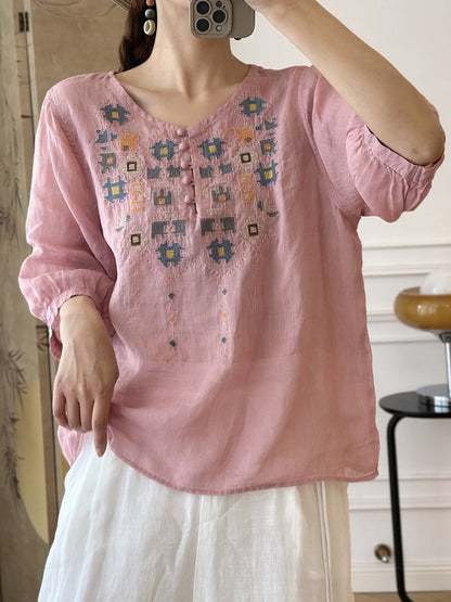 LD Dames Zomers Etnisch Geborduurd Ramie Shirt