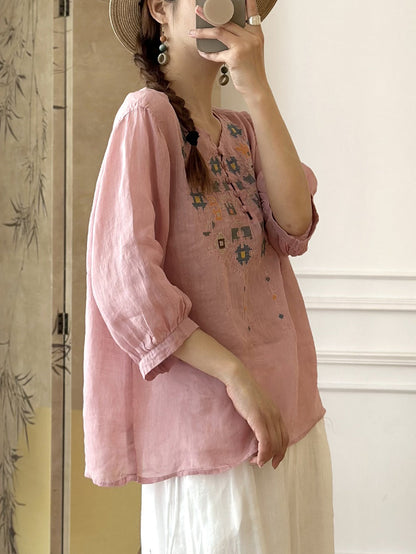 LD Dames Zomers Etnisch Geborduurd Ramie Shirt