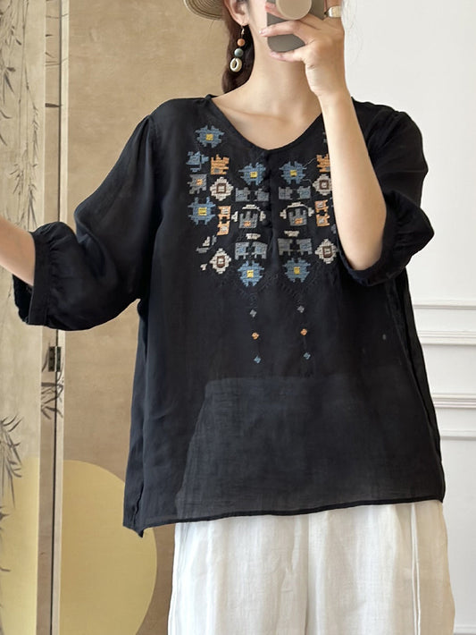 LD Dames Zomers Etnisch Geborduurd Ramie Shirt