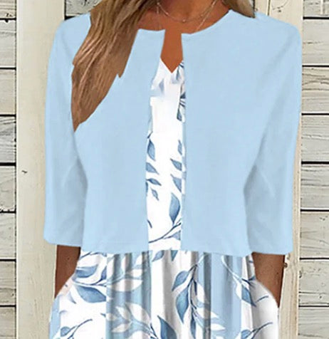 LD Unieke blauwe midi-jurk met plantenprint en jasje