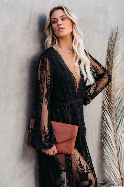 LD Lange jurk in bohemian stijl met elegante opengewerkte details