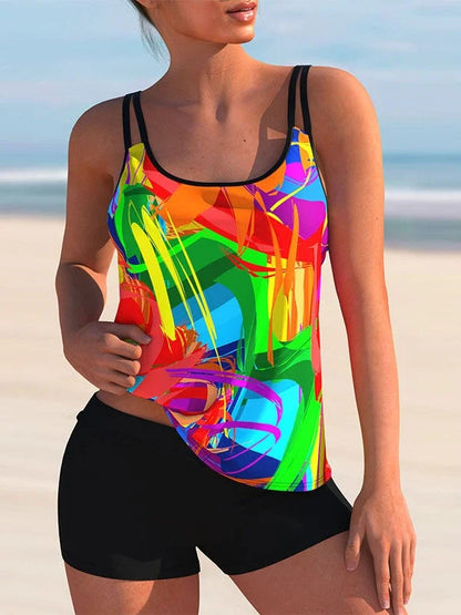 LD Plus Size Zwemkleding Mouwloos Bloemetjesbedrukt Licht Gestreept Tankini