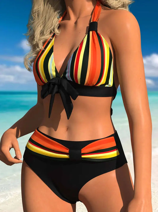 LD | Halterbikini met kleurrijke streepprint en koordje