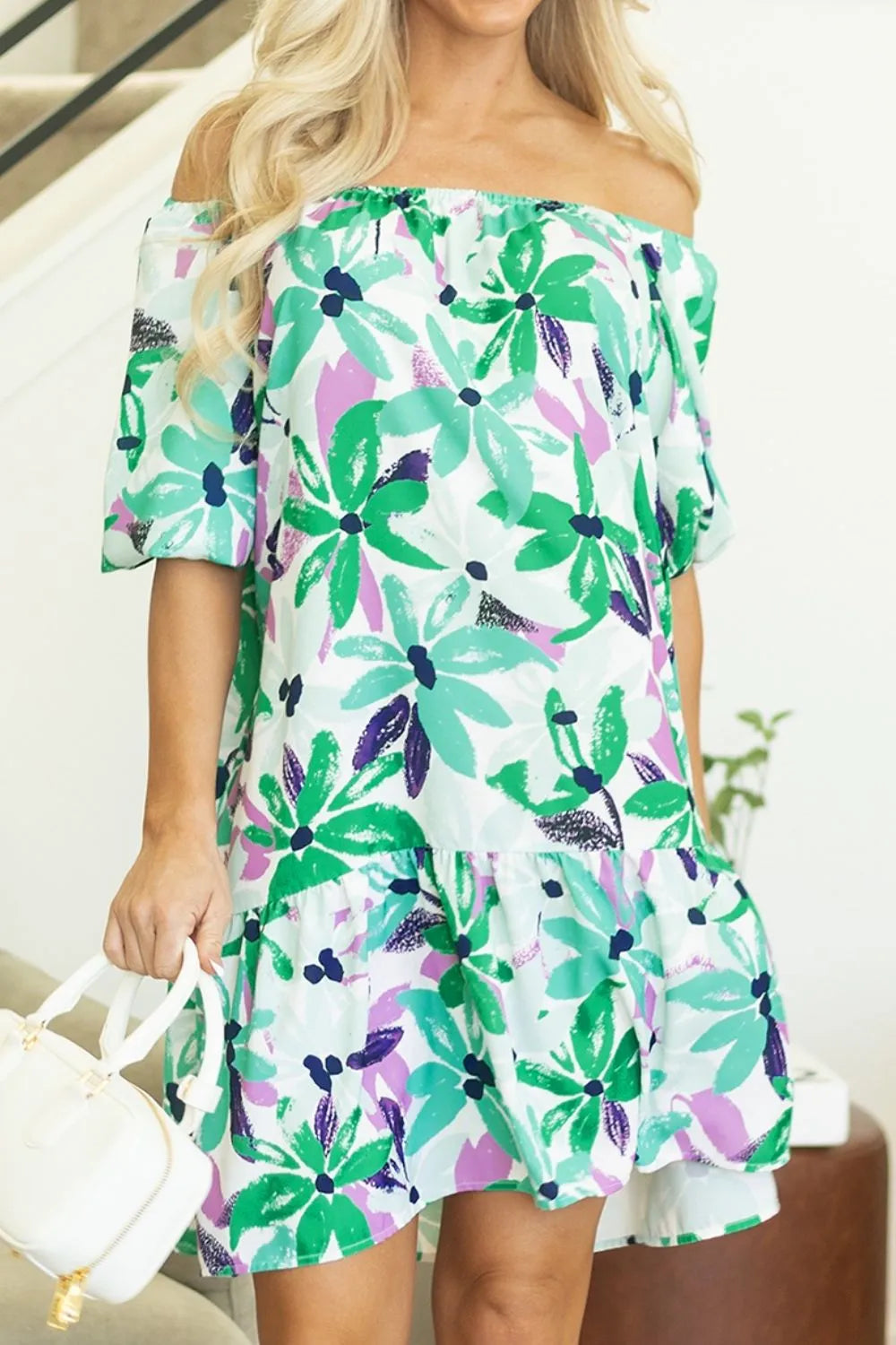 LD | Floral Print Gathered vierkante hals Loose-fit mini-jurk