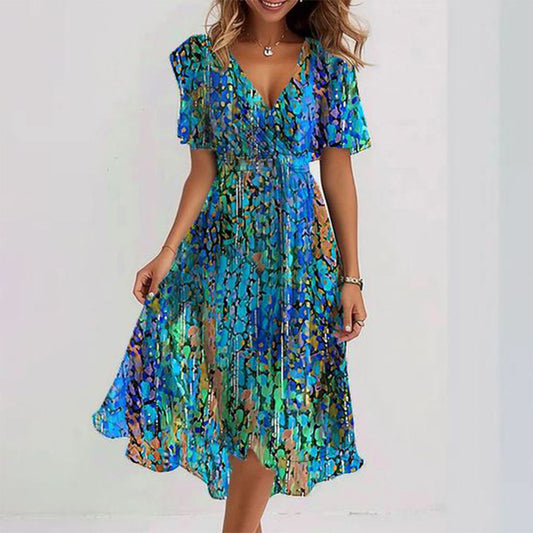 LD Blauwe midi-jurk met korte mouwen