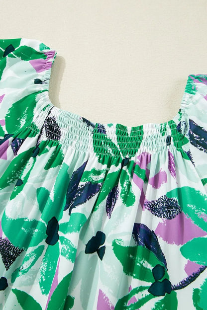 LD | Floral Print Gathered vierkante hals Loose-fit mini-jurk