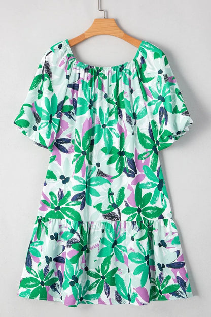 LD | Floral Print Gathered vierkante hals Loose-fit mini-jurk