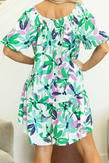 LD | Floral Print Gathered vierkante hals Loose-fit mini-jurk