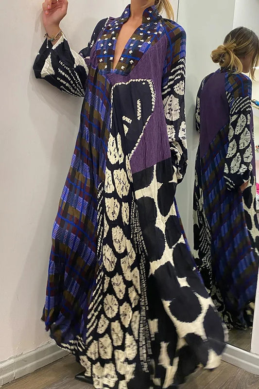LD Rhiane -Creatieve maxi-jurk met lange mouwen, colour block print en zakken