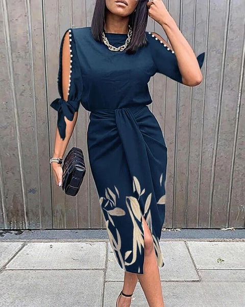 LD Belinda- Jurk met knopen, parels en botanische print
