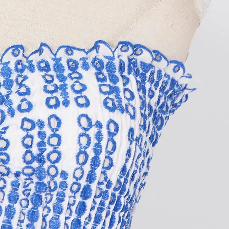 LD | Vintage Hollow Out Bodycon Blauwe Kanten Jurk met Bloemenpatroon
