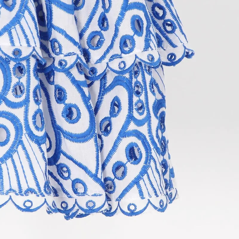LD | Vintage Hollow Out Bodycon Blauwe Kanten Jurk met Bloemenpatroon