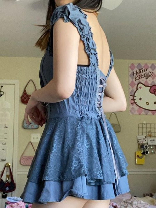 LD | Patchwork kanten mini jurk met gestreepte bandjes